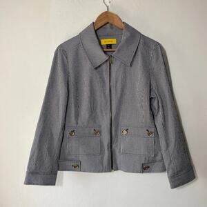 St. John SZ 10 Navy White Gingham Seersucker‎ Zip Jacket Pockets Luxe Classic